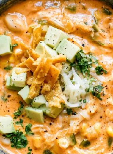 Bowl of award-winning white chicken chili topped with cilantro and jalapeños