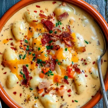 Bowl of creamy Bacon Cheddar Gnocchi Soup garnished with herbs