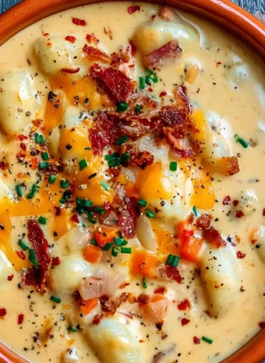 Bowl of creamy Bacon Cheddar Gnocchi Soup garnished with herbs
