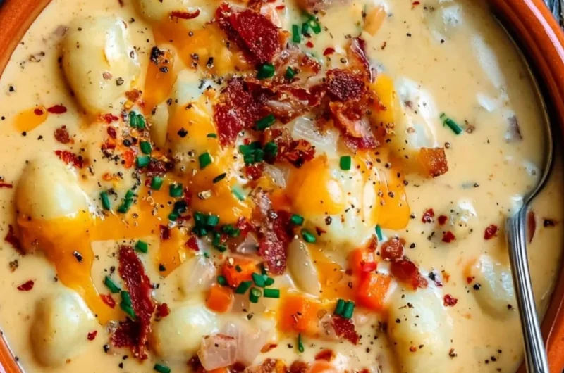 Bowl of creamy Bacon Cheddar Gnocchi Soup garnished with herbs