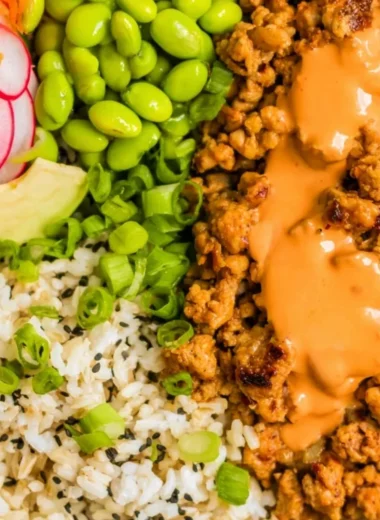Bang Bang Ground Turkey Rice Bowl with fresh vegetables and rice