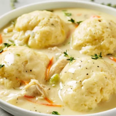 Bowl of homemade chicken and dumplings with fresh herbs on top