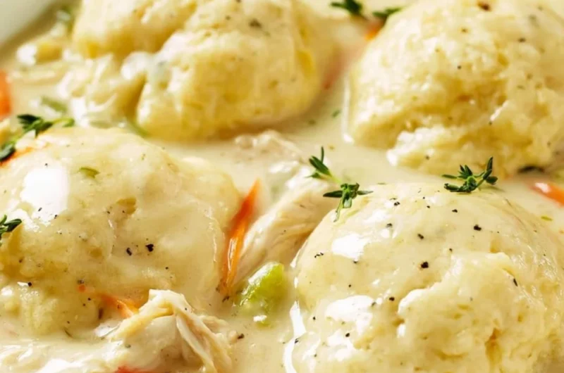 Bowl of homemade chicken and dumplings with fresh herbs on top