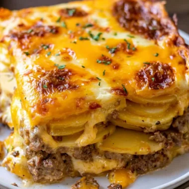 Cheesy hamburger potato casserole served in a baking dish with melted cheese
