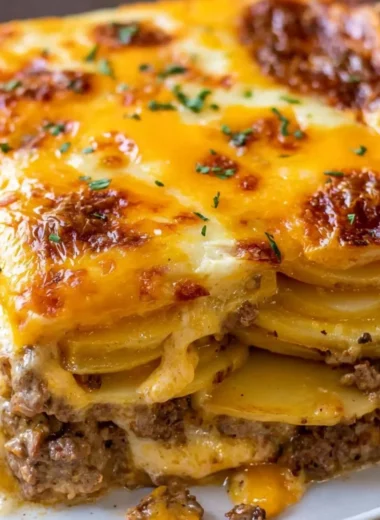 Cheesy hamburger potato casserole served in a baking dish with melted cheese