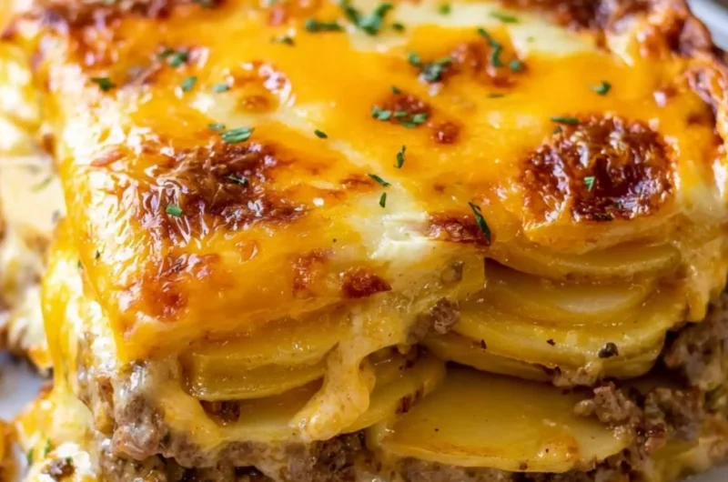 Cheesy hamburger potato casserole served in a baking dish with melted cheese