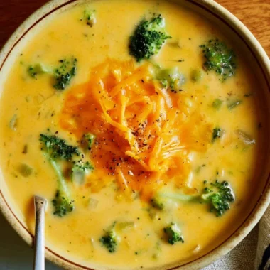 Bowl of creamy broccoli cheddar soup with fresh broccoli and cheese on top