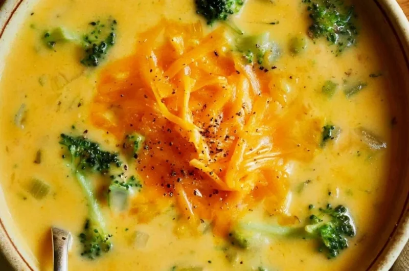 Bowl of creamy broccoli cheddar soup with fresh broccoli and cheese on top