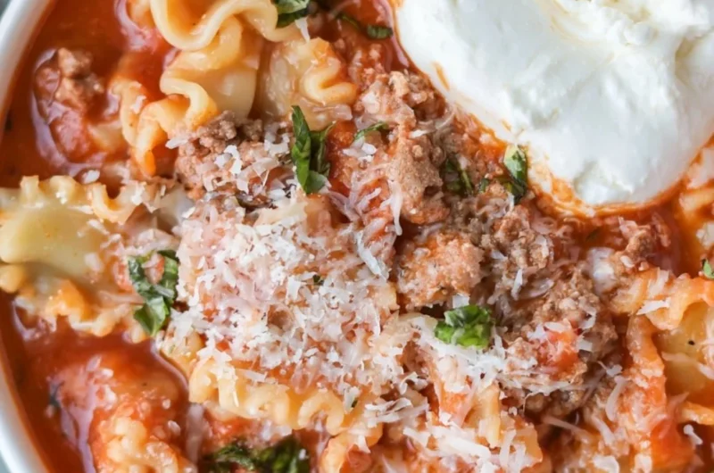 Delicious and healthy lasagna soup in a bowl topped with cheese and herbs