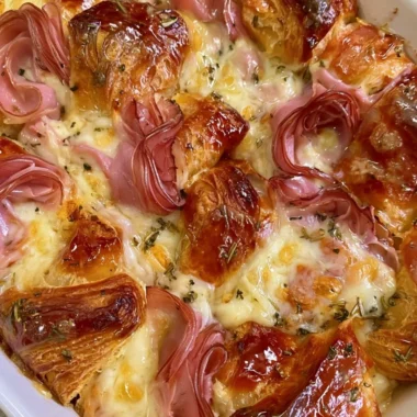 Delicious croissant bake casserole served on a plate with fresh garnishes