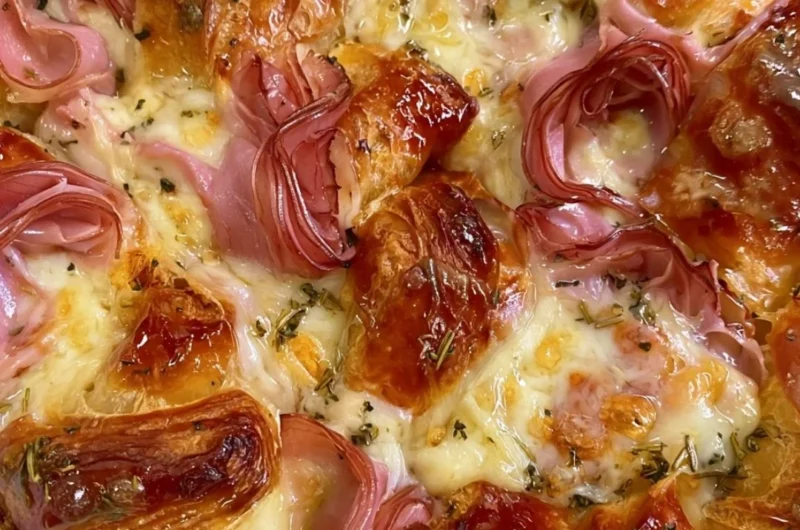 Delicious croissant bake casserole served on a plate with fresh garnishes