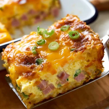 Delicious hash brown egg casserole served in a baking dish