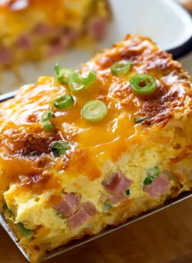 Delicious hash brown egg casserole served in a baking dish