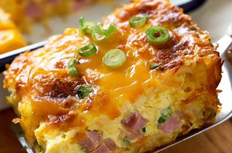 Delicious hash brown egg casserole served in a baking dish