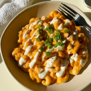 High Protein Buffalo Chicken Pasta with 46g protein per serving