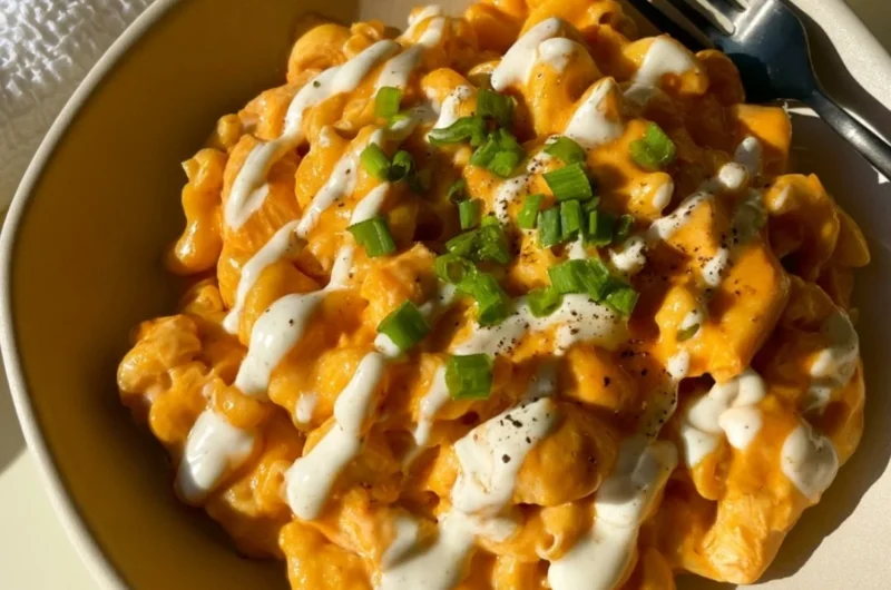 High Protein Buffalo Chicken Pasta with 46g protein per serving