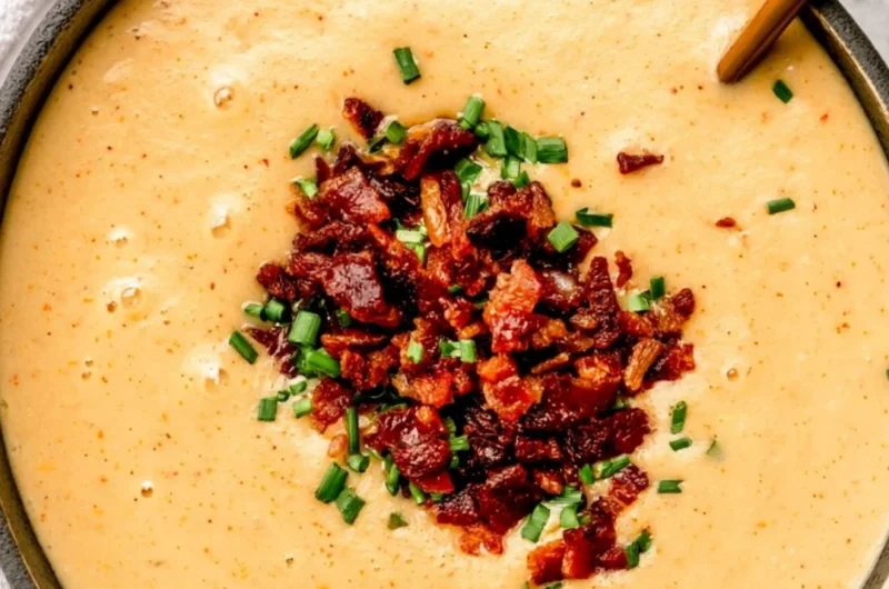 Bowl of high-protein cream of potato soup with herbs and toppings