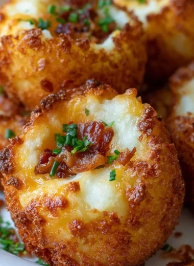 Crispy loaded mashed potato bites topped with cheese and bacon