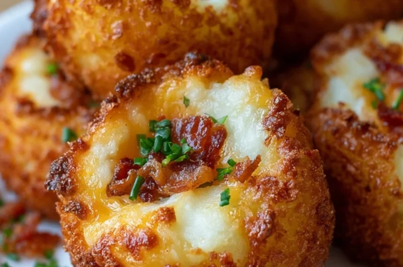 Crispy loaded mashed potato bites topped with cheese and bacon