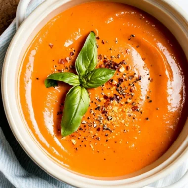 A bowl of warm Middle-of-Winter Tomato Soup made with canned tomatoes.