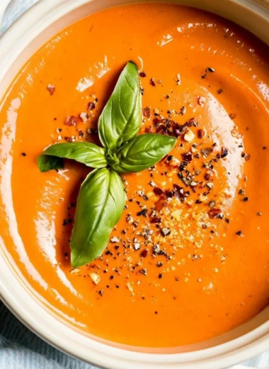 A bowl of warm Middle-of-Winter Tomato Soup made with canned tomatoes.