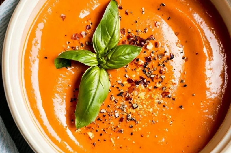 A bowl of warm Middle-of-Winter Tomato Soup made with canned tomatoes.