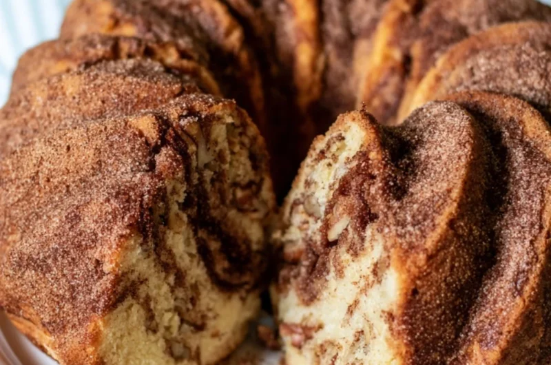 Moist cinnamon coffee cake served on a plate with a fork