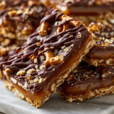 No-bake salted caramel pretzel bars with a sweet and salty flavor profile.