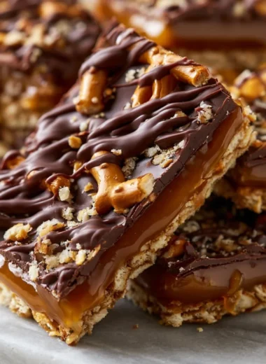 No-bake salted caramel pretzel bars with a sweet and salty flavor profile.