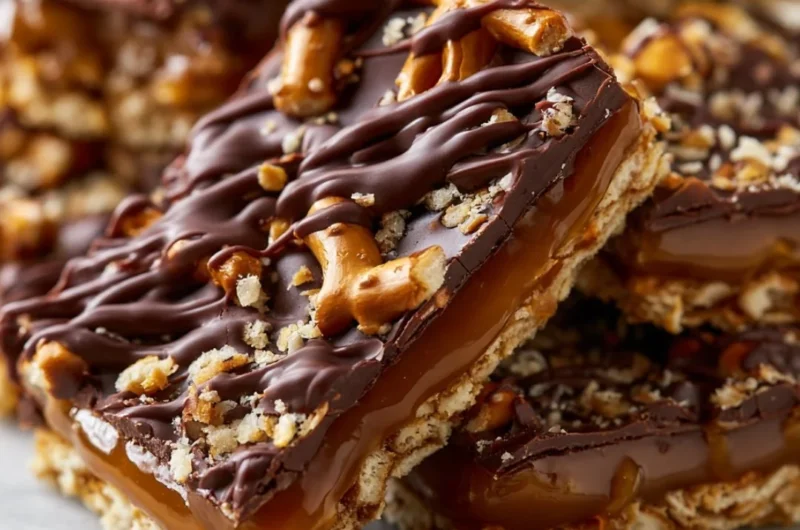 No-bake salted caramel pretzel bars with a sweet and salty flavor profile.