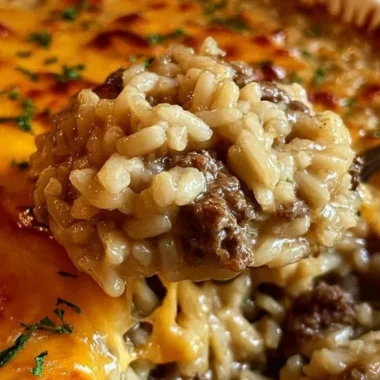 One-Pan Cheesy Ground Beef Rice Casserole on a plate