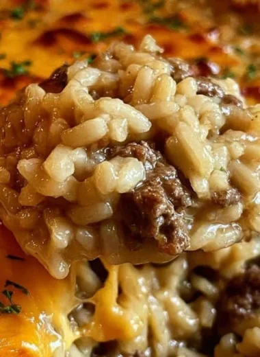 One-Pan Cheesy Ground Beef Rice Casserole on a plate