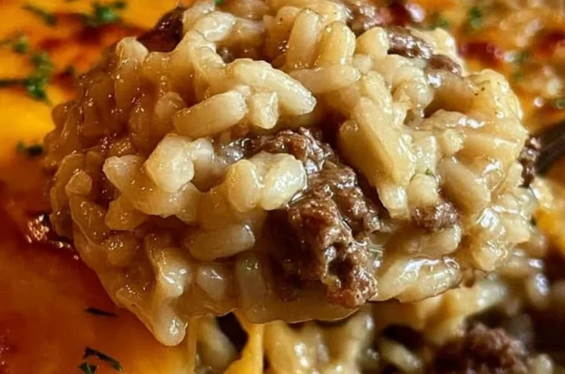 One-Pan Cheesy Ground Beef Rice Casserole on a plate