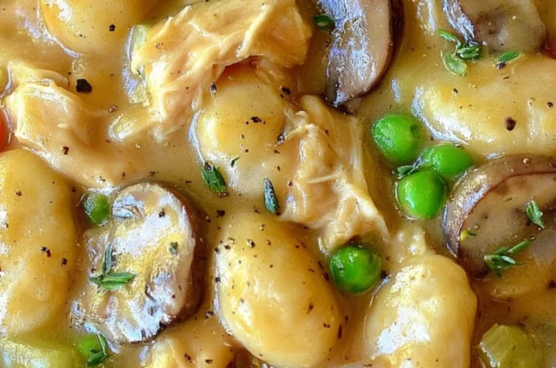 Delicious One Pot Gnocchi Chicken Pot Pie with creamy sauce and tender chicken