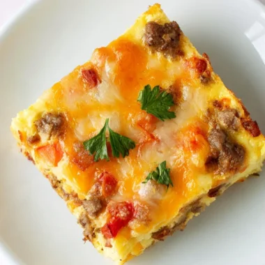 Overnight bacon and sausage breakfast casserole served with fresh herbs