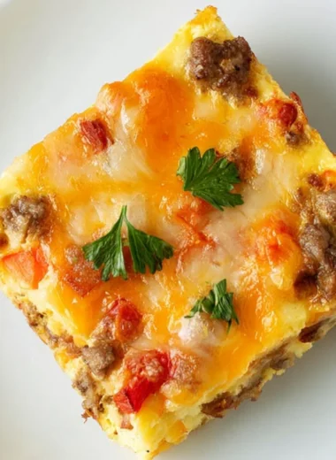 Overnight bacon and sausage breakfast casserole served with fresh herbs