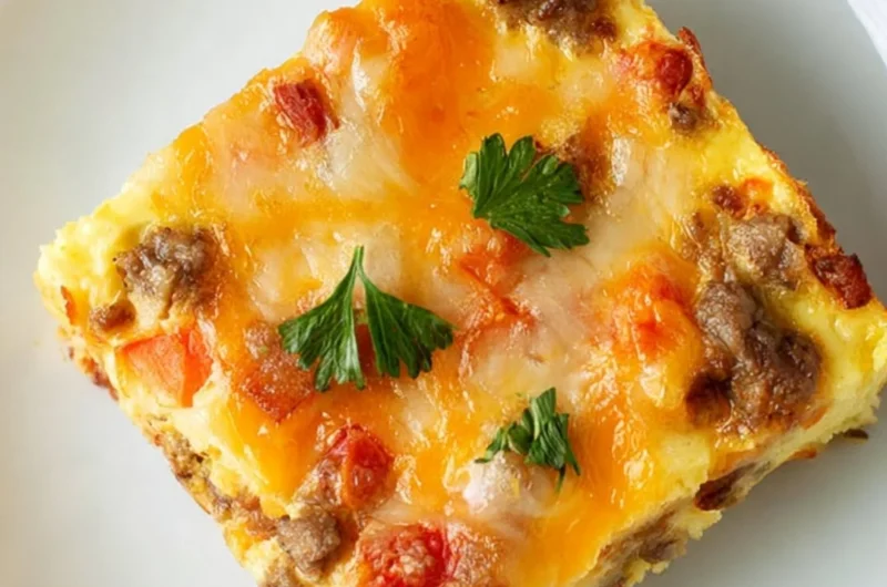 Overnight bacon and sausage breakfast casserole served with fresh herbs