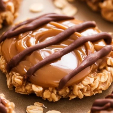 Delicious peanut butter chocolate caramel cookies stacked on a plate.