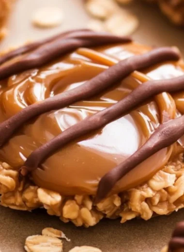 Delicious peanut butter chocolate caramel cookies stacked on a plate.