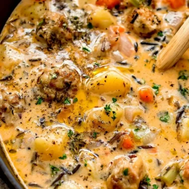 Delicious potato and sausage chowder served in a bowl with fresh herbs.