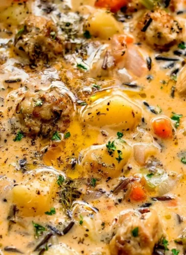 Delicious potato and sausage chowder served in a bowl with fresh herbs.