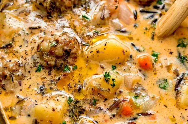 Delicious potato and sausage chowder served in a bowl with fresh herbs.