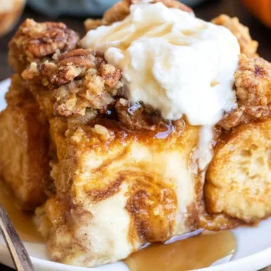 Delicious Pumpkin French Toast Casserole served in a cozy setting.