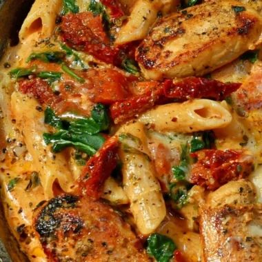Plate of savory pasta with sun-dried tomatoes and chicken