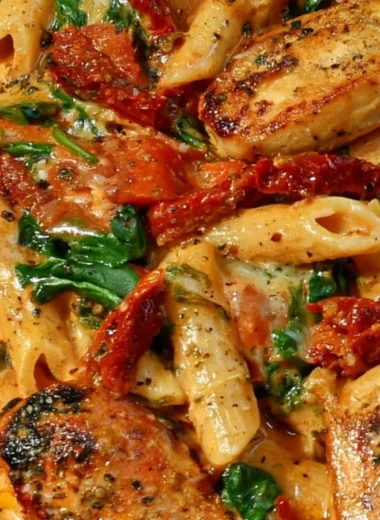 Plate of savory pasta with sun-dried tomatoes and chicken