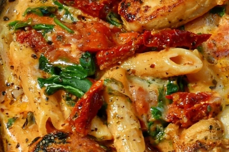 Plate of savory pasta with sun-dried tomatoes and chicken