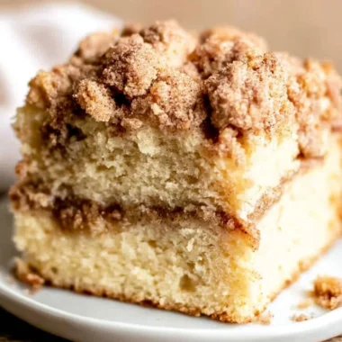 Sour Cream Coffee Cake topped with cinnamon and served on a plate