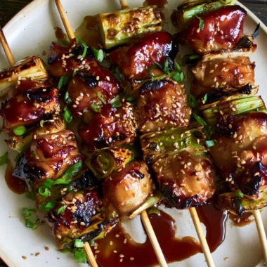 Grilled teriyaki chicken on a stick served with vegetables