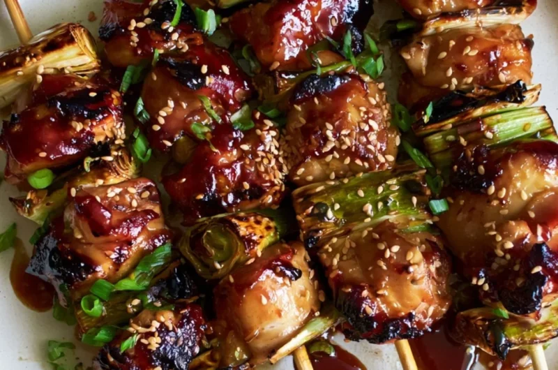 Grilled teriyaki chicken on a stick served with vegetables