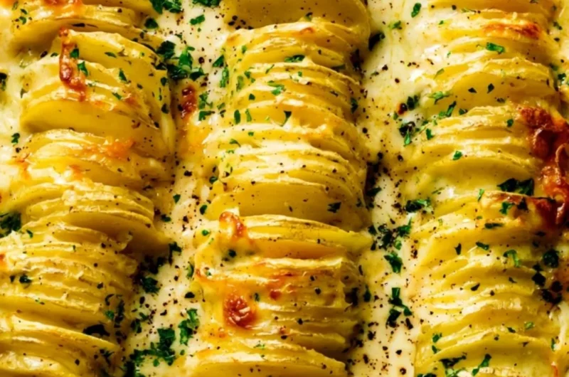 Deliciously cheesy best scalloped potatoes dish served in a baking dish